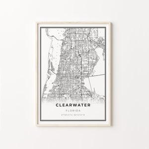 Clearwater Print, City Map Art Poster, Florida FL USA, Wall Art Decor, Moderne Zwart-Wit Stijl, Cadeau voor een jongen, C13-205
