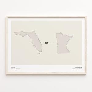 Florida naar Minnesota Print, Minnesotan Gift, Minimalistische State Connection Map Poster, Travel Wall Art, Overseas Love Gift, C21-1322