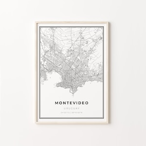 Impressão de Montevidéu, pôster de arte de mapa da cidade, Uruguai, decoração de arte de parede, estilo moderno preto e branco, mapa da cidade, C13-901