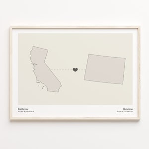 California to Wyoming Print, Wyomingite Gift, Minimalistic State Connection Map Poster, Travel Wall Art, Relationship, C21-1246