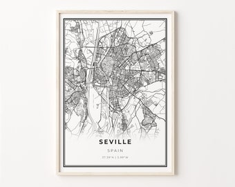 Seville City Map Art Print: Modern Black and White Wall Decor