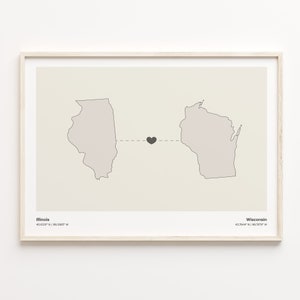 Illinois to Wisconsin Print, Wisconsinite Gift, Minimalistic State Connection Map Poster, Travel Wall Art, Expatriate, C21-1504