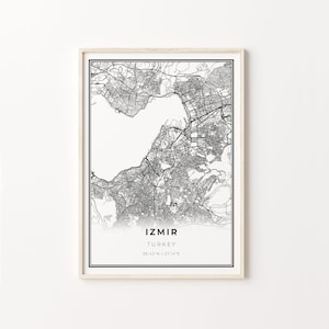 Impressão de Izmir, pôster de arte de mapa da cidade, Turquia, decoração de arte de parede, estilo moderno preto e branco, presente para menina universitária, C13-455