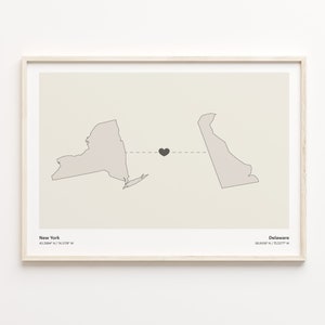 New York to Delaware Print, Delaware Geschenk, Minimalistische Verbindungskarte Poster, Reise Wandkunst, Auf Wiedersehen Karte, C21-1359