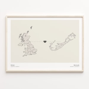 May include: A map showing the locations of Britain and Bermuda, connected by a dotted line with a black heart in the middle. The coordinates for each location are listed below the map. Britain: 56.3787° N / 3.4360° W. Bermuda: 32.3214° N / 64.7514° W.