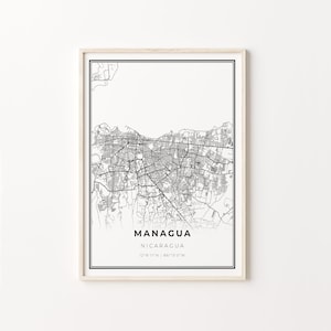 Impressão de Manágua, pôster de arte de mapa da cidade, Nicarágua, decoração de arte de parede, estilo moderno preto e branco, impressão minimalista, C13-573
