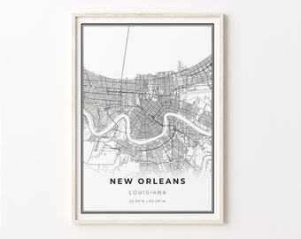 Impresión de Nueva Orleans, cartel de arte del mapa de la ciudad, Louisiana LA USA, decoración de arte de pared, estilo moderno en blanco y negro, cartel de mapa de, C13-327