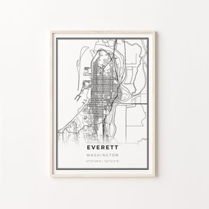 Everett Print, City Map Art Poster, Washington WA USA, Wall Art Decor, Moderne Zwart-Wit Stijl, Office Inspiration, C13-121