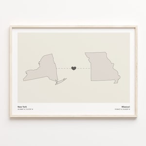 New York to Missouri Print, Missourian Geschenk, Minimalistische Verbindungskarte Poster, Reise Wandkunst, Willkommen zu Hause, C21-1375