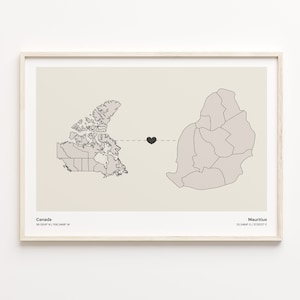 Kanada-Mauritius-Druck, mauretanisches Geschenk, minimalistisches Landverbindungskarten-Poster, Reise-Wandkunst, Expatriate-Karte, C21-714