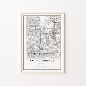 Coral Springs Print, City Map Art Poster, Florida FL USA, Wall Art Decor, Moderne Zwart-Wit Stijl, Office Gift Collega, C13-349
