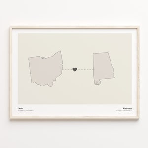 Ohio naar Alabama print, Alabamian gift, minimalistische State Connection kaart poster, kunst aan de muur reizen, Global Love Gift, C21-1508