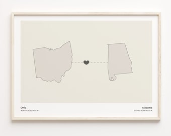 Ohio Alabama State Connection Map Print: Minimalist Travel Wall Art