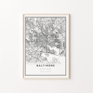 Downtown Baltimore Print, City Map Art Poster, Maryland MD USA, Wall Art Decor, Modern Black and White Style, Gift Elderly Woman, C13-179