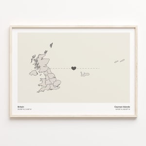 Britain to Cayman Islands Print, Caymanian Geschenk, Minimalistische Landkarte Poster, Großbritannien Kunst, Overseas Love Geschenk, C21-233