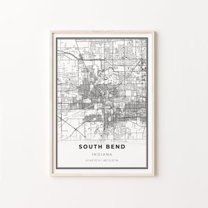 South Bend Print, City Map Art Poster, Indiana IN USA, Wall Art Decor, Modern Black and White Style, Gift For Coworker, C13-214