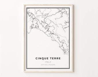 Cinque Terre Map Art Print: Modern Black and White Italy Wall Decor