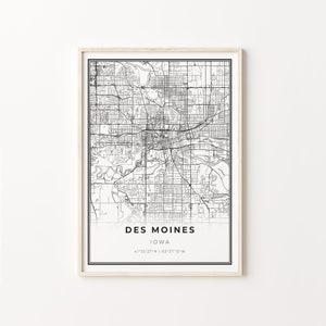 Des Moines Print, City Map Art Poster, Iowa IA USA, Wall Art Decor, Modern Black and White Style, Office Room Decor, C13-358