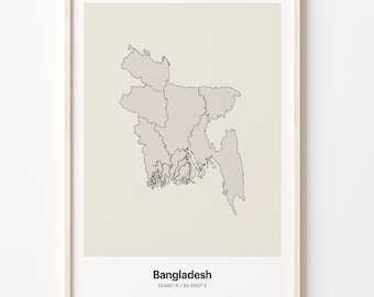 Bangladesh Print, Bangladeshi Gift, Minimalistic Country Map Poster, BD Line Art, Latitude longitude, C24-14
