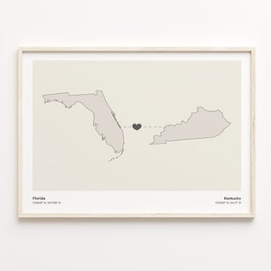 Florida naar Kentucky Print, Kentuckian Gift, Minimalistische State Connection Map Poster, Travel Wall Art, Landen Hart Cadeau, C21-1316