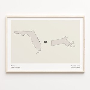 Florida naar Massachusetts Print, Massachusettsan Gift, Minimalistische State Connection Map Poster, Travel Wall Art, Faraway Love, C21-1318