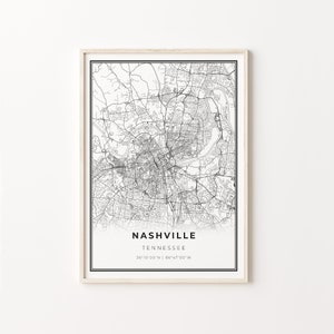 Impressão de Nashville, pôster de arte de mapa da cidade, Tennessee TN EUA, decoração de arte de parede, estilo moderno em preto e branco, presentes de quarto, C13-382