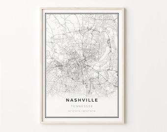 Nashville City Map Art Print: Modern Black and White Tennessee Wall Decor