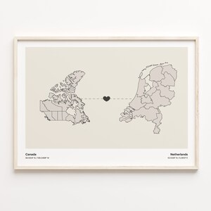 Impression du Canada vers les Pays-Bas, cadeau népalais, affiche de carte minimaliste de connexion pays, art mural de voyage, carte d'amour lointain, C21-726