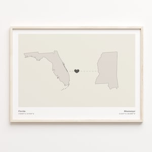 Florida naar Mississippi print, Mississippian gift, minimalistische State Connection kaart poster, reizen kunst aan de muur, ver uit elkaar, C21-1324