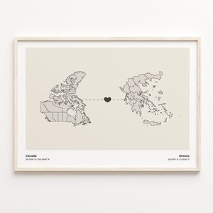 Kanada nach Griechenland Druck, ghanaisches Geschenk, minimalistisches Landverbindungskarten-Poster, Reise-Wandkunst, Abschiedsgeschenk, C21-665