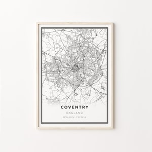 Coventry Print, Stadt Karte Kunst Poster, England Vereinigtes Königreich UK, Wand Kunst Dekor, Modern Schwarz Weiß Stil, Eingang Dekor, C13-669