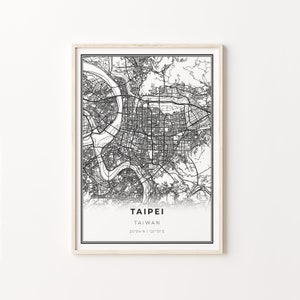 Impressão de Taipei, pôster de arte de mapa da cidade, Taiwan, decoração de arte de parede, estilo moderno preto e branco, pôster nórdico, C13-869