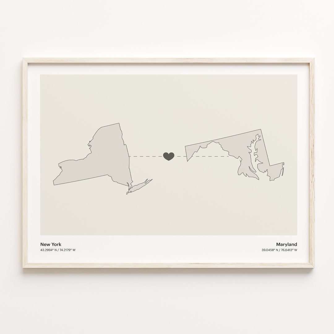 New York to Maryland Print, Marylander Gift, Minimalistic State