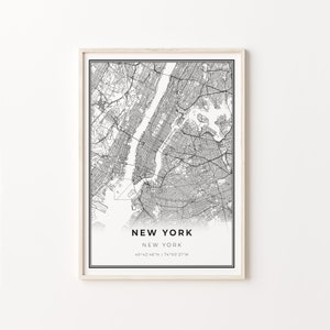 Impressão de Nova York, pôster de arte de mapa da cidade, cidade de Nova York NYC NY EUA, decoração de arte de parede, estilo moderno em preto e branco, arte de parede de mapa, C13-326