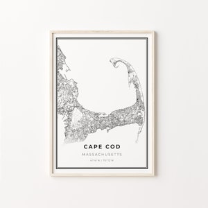 Cape Cod Print, Stadt Karte Kunst Poster, Massachusetts MA USA, Wand Kunst Dekor, Modern Schwarz Weiß Stil, Büro Idee, C13-355