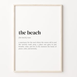 La impresión de definición de playa, cartel del diccionario, arte de la pared de la cita, arte amante de la playa, verano de las artes del café, regalo del amante de la playa, C17-571
