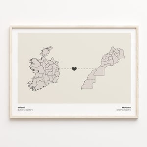 Impression de l'Irlande au Maroc, cadeau monténégrin, affiche minimaliste de carte de connexion de pays, art mural de voyage, carte de coeur de pays, C21-1119