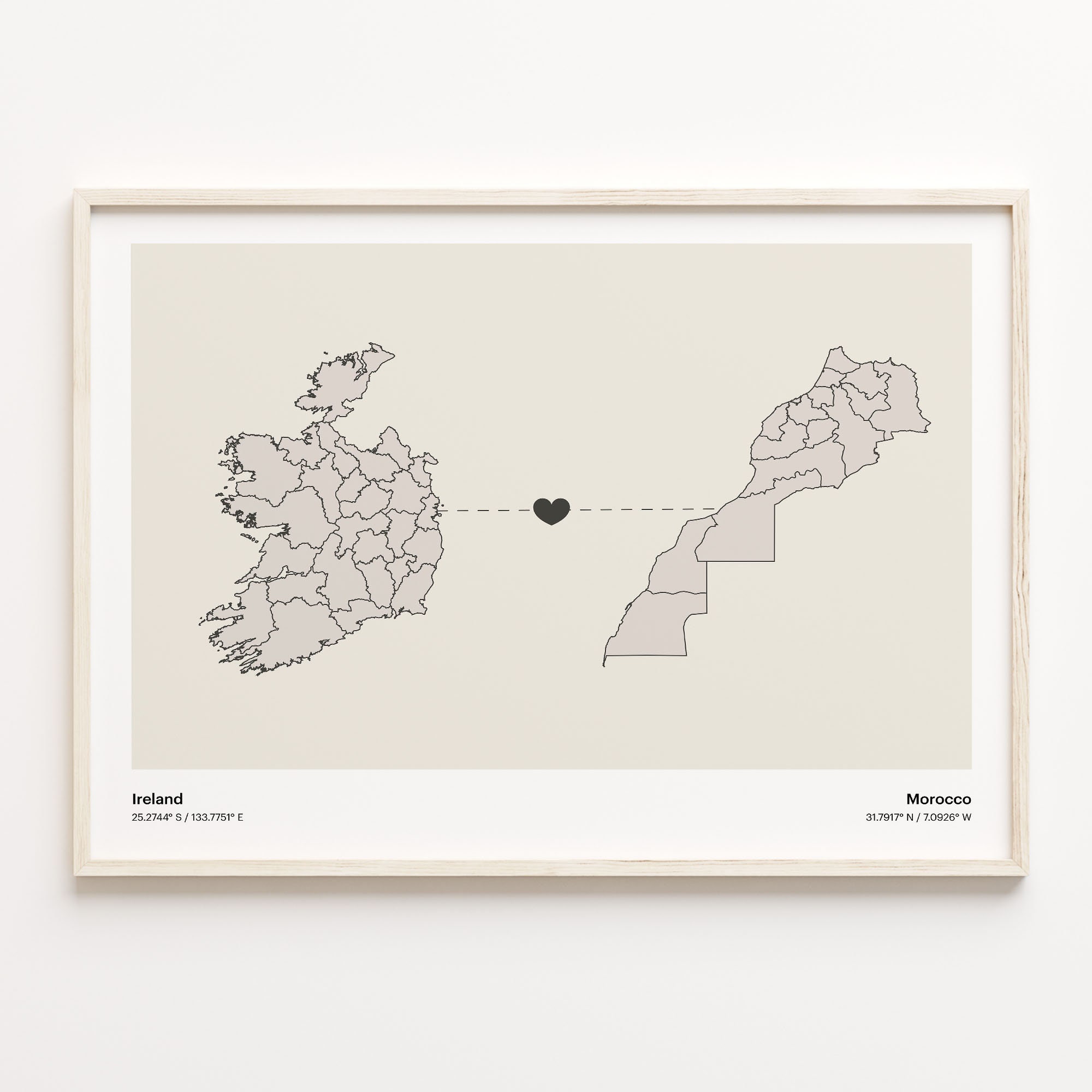 Ireland to Morocco Print, Montenegrin Gift, Minimalistic Country Connection Map Poster, Travel Wall Art, Countries Heart Map, C21-1119