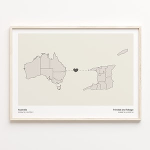Australia to Tunisia Print, Trinidadian Gift, Minimalistic Country Connection Map Poster, Travel Wall Art, Welcome Home, C21-979