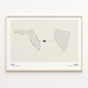 Florida naar Nevada print, Nevadan gift, minimalistische State Connection kaart poster, kunst aan de muur reizen, nieuwe thuiskaart, C21-1332