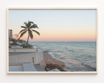 Pink Blue Sunset Beach Photography Print: Coastal Wall Art