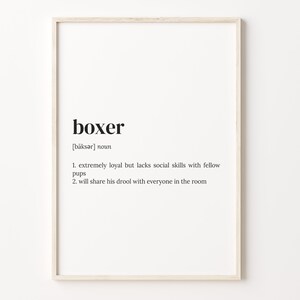 May include: A black and white printable art print with the definition of the word "boxer" as a noun. The definition states that a boxer is extremely loyal but lacks social skills with other dogs and will share their drool with everyone in the room.