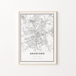Bradford Print, City Map Art Poster, Engeland Verenigd Koninkrijk UK City map muur kunst, Wall Art Decor, Moderne Zwart-Wit Stijl, C13-523