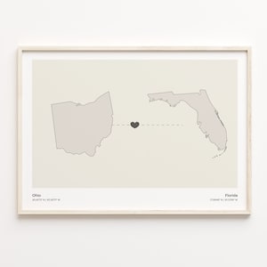 Ohio naar Florida print, Florida gift, minimalistische State Connection kaart poster, kunst aan de muur reizen, verre liefde, C21-1516