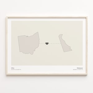 Ohio to Delaware Print, Delawarean Gift, Minimalistic State Connection Map Poster, Travel Wall Art, Countries Heart Map, C21-1515