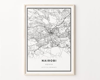 Nairobi City Map Art Print: Modern Black and White, Kenya