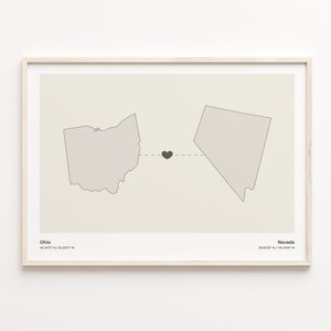 Ohio naar Nevada print, Nevadan gift, minimalistische State Connection kaart poster, kunst aan de muur reizen, vriendschap, C21-1540
