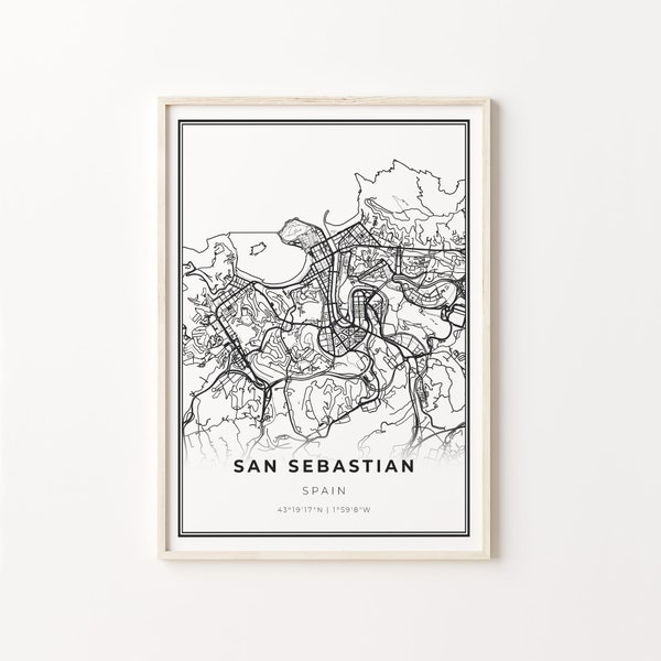 San Sebastian Print, City Map Art Poster, Spain, Wall Art Decor, Modern Black and White Style, Gift Daughter, C13-746