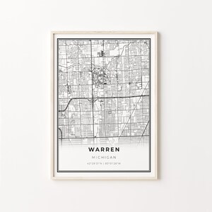 Warren Print, City Map Art Poster, Michigan MI USA, Wall Art Decor, Modern Black and White Style, Going Away Gift, C13-30
