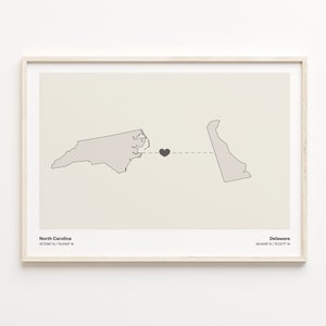 North Carolina to Delaware Print, Delawarean Gift, Minimalistic State Connection Map Poster, Travel Wall Art, Overseas Love Gift, C21-1619